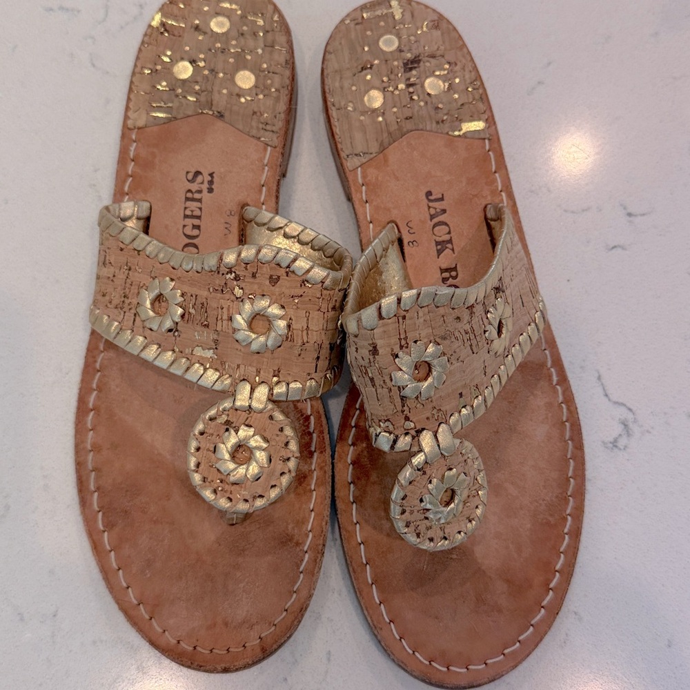 Jack Rogers Palm Beach Sandals Cork Leather Gold Trim Preppy Resort Shoes Size 8